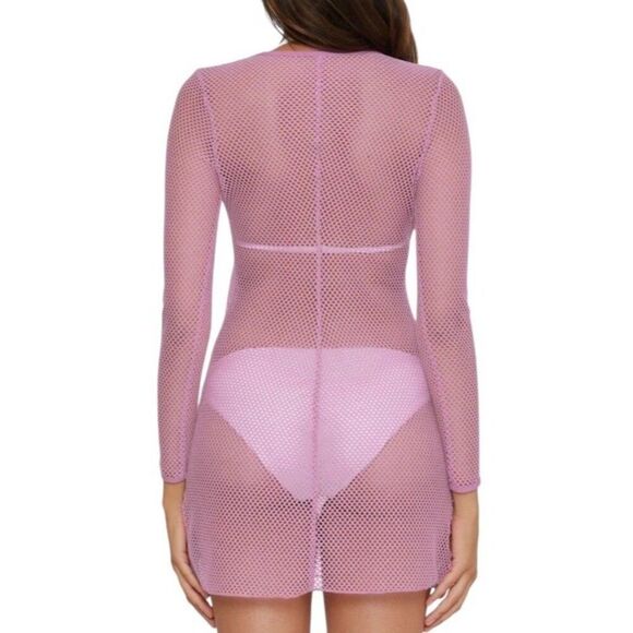 Womens M Pink Metallic Long Sleeve Swim Cover Up Open Weave Mesh Pullover NWT - Picture 4 of 6
